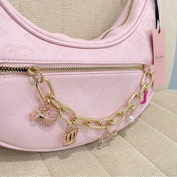 NEW Juicy Couture Pink Powder Blush Embossed Shoulder Bag Top Notch Hobo Chain - Picture 2 of 8